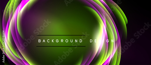 Abstract design features vibrant concentric circles. Green, purple, yellow hues blend, creating dynamic visual effect. Text reads background design.