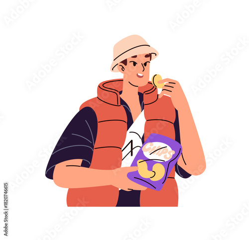Young man eats snack outdoors. Boy tastes potato chips. Happy person holds pack of fast food in hands. Character takes fastfood from package. Flat isolated vector illustration on white background