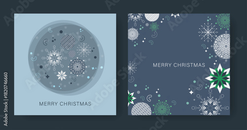 Merry Christmas and Happy New Year Set of greeting card, poster, holiday cover. Christmas sale, social media post with snowflakes in blue color. Winter illustration for ads, print, season banner