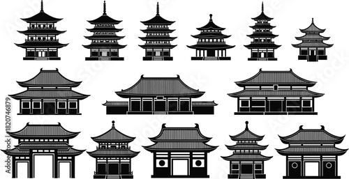 Black Silhouette Collection of Traditional East Asian Temple Architecture, Featuring Japanese Pagodas, Shinto Shrines, and Buddhist Buildings Vector Set