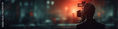 A silhouetted cameraman films a glowing red cityscape at night. The blurred urban lights create a moody, cinematic atmosphere of mystery and observation.