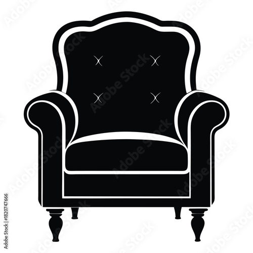 Elegant black armchair with tufted back and sturdy ornate legs sits isolated