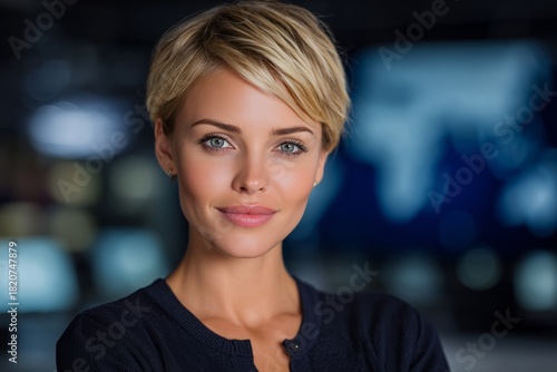 A professional woman with short blonde hair presents confidently in a news studio, exuding authority and poise. The image captures professionalism, media, and calm composure.