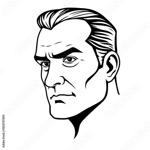 Black-and-white vector artwork of a mature male profile with a strong jawline, expressive brow, and distinctive nose, rendered in clean and bold contour lines, minimal shading, and a modern aesthetic,