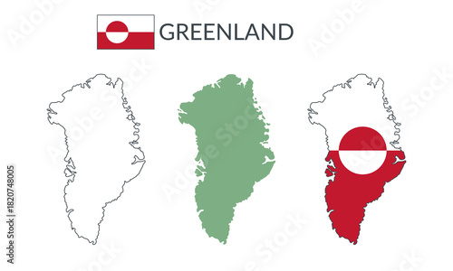 Greenland geographical borders isolated on white background. Flag of Greenland. Vector flat cliparts.