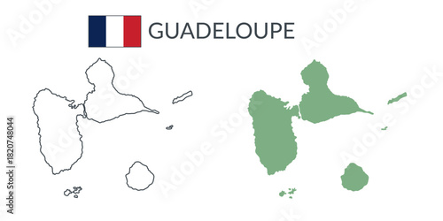 Guadeloupe geographical borders isolated on white background. Flag of Guadeloupe. Vector flat cliparts.