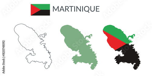 Martinique geographical borders isolated on white background. Flag of Martinique. Vector flat cliparts.