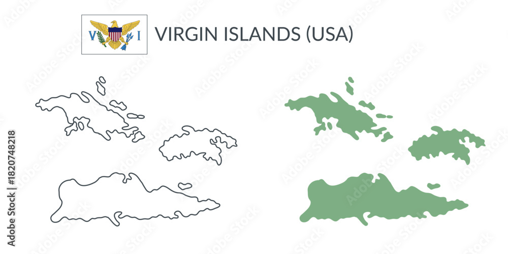 Obraz premium Virgin Islands geographical borders isolated on white background. Flag of Virgin Islands. Vector flat cliparts.