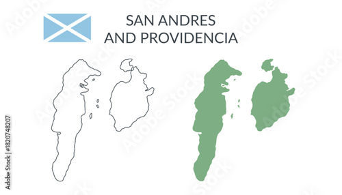 San Andres and Providencia geographical borders isolated on white background. Flag of San Andres and Providencia. Vector flat cliparts.