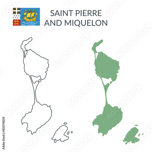 Saint Pierre and Miquelon geographical borders isolated on white background. Flag of Saint Pierre and Miquelon. Vector flat cliparts.