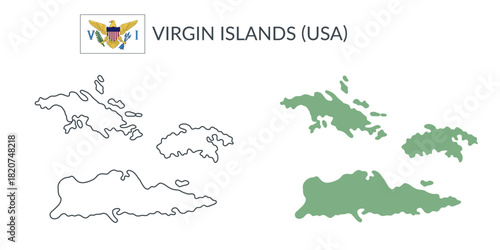 Virgin Islands geographical borders isolated on white background. Flag of Virgin Islands. Vector flat cliparts.