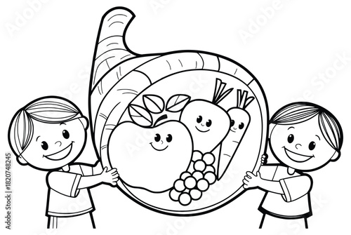 Sharing Harvest Abundance: Two children joyfully present a Cornucopia overflowing with vibrant fruits and vegetables, symbolizing the bountiful blessings of a successful harvest.