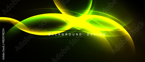 Bright yellow, green lines create abstract wave pattern. Dark background enhances luminosity, modern design element.