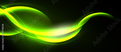 Bright green curves flow across black background. Light emanates from center, creating dynamic visual effect. Smooth shapes suggest movement.