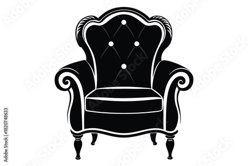 Ornate black armchair presents a classic silhouette with detailed tufting and carved legs