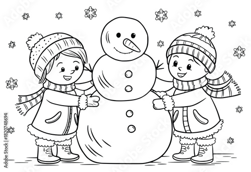Winter Wonderland Crafting: A heartwarming illustration shows two children collaboratively constructing a jovial snowman amidst falling snowflakes, embodying winter joy and shared creativity.