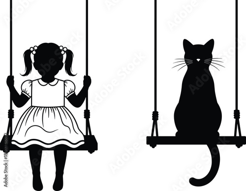 Black Silhouette Vector Illustration of a Young Girl and a Large Cat Sitting on Swings, Representing Childhood Playtime and Pet Companionship