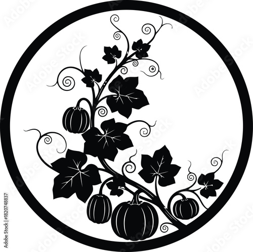Circular silhouette of a pumpkin vine with gourds