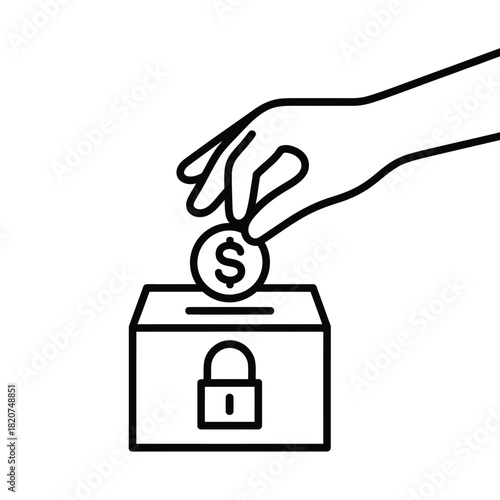 Hand dropping dollar coin into secure donation box with lock symbol