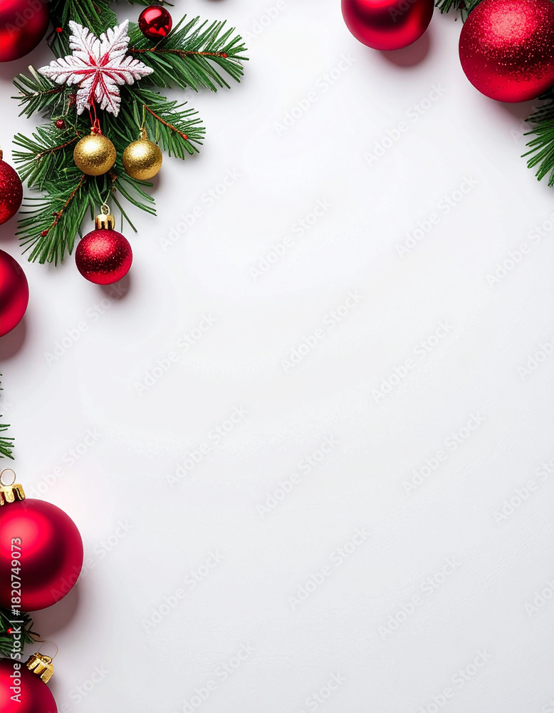 Obraz premium tarjeta navideña marco con regalos y adornos de navidad en la esquina sobre fondo blanco con espacio para texto y diseño, para felicitaciones, promociones o carta de reyes magos