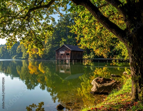 Idyllic lake scene with boathouse surrounded by autumn foliage.