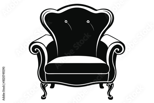 Isolated black and white armchair has a tufted back, rolled arms, and ornate legs