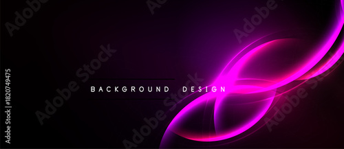 Abstract purple waves radiate from center. Text reads background design. Dark backdrop creates dramatic effect. Simple, elegant composition.