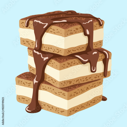 Mouth-watering vector illustration of a stack of three square chocolate cake pieces. Features layers of sponge cake, cream, cocoa powder, and rich chocolate sauce dripping down.