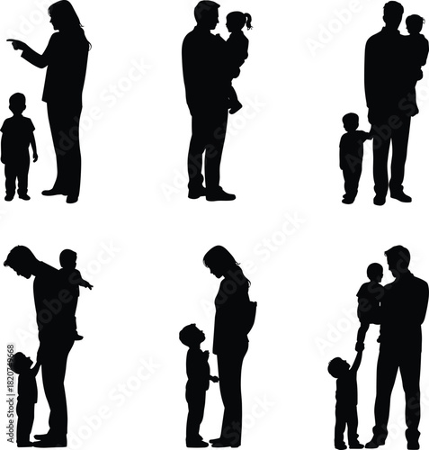 Adult and child silhouettes, parenting gestures, emotional interaction, family bonding, care, communication, guidance, black vector icon, nurturing design