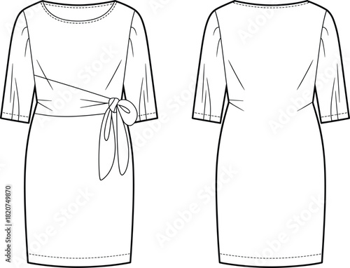 Women's Elegant Sheath Dress Flat Sketch Technical CAD Drawing Vector Illustration Featuring Side Tie Detail, Boat Neckline, and Elbow-Length Puffed Sleeves.