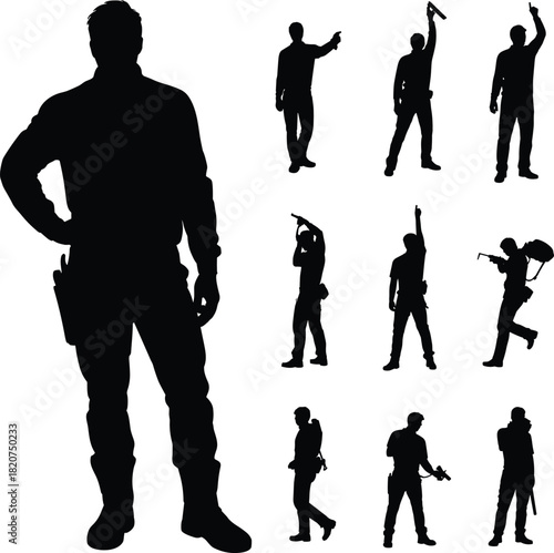 Tactical silhouette set, armed figures, combat poses, military stance icons, weapon ready, action, gear, vector design, black, defense