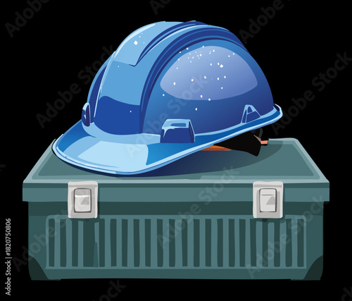 Shiny Royal Blue Safety Hard Hat Placed on a Professional Green Metal Case at Industrial Site