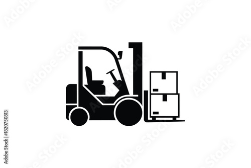 Black and white silhouette of a forklift lifting boxes in a warehouse
