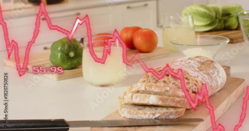 Red graph appearing, rising, falling over counter, camera panning right, showing bread salad trends