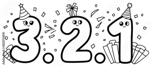 Countdown Celebration: A whimsical graphic featuring the numbers three, two, and one adorned with party hats, confetti, and gifts, marking a moment of anticipation and festivity.