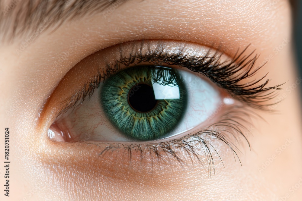 Obraz premium This mesmerizing close-up features a colorful human eye, showcasing its rich textures and depth, revealing the intricate beauty of human perception and emotion.