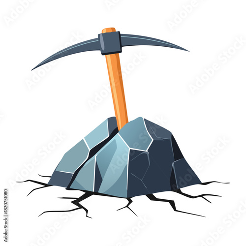 Pickaxe Embedded in Cracked Rock Outcrop Tool Used for Quarrying and Ground Breaking