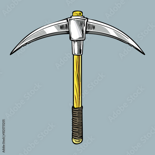 Vintage Pickaxe Tool with Steel Head and Yellow Wooden Handle for Historical Digging and Labor