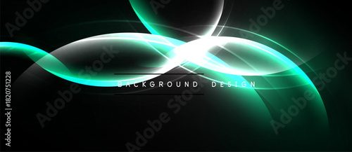 Abstract design features flowing green lines, bright light burst. Dark background creates dramatic visual effect. Modern, dynamic composition.