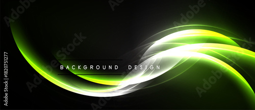 Abstract neon waves, vibrant green, white light. Dark background creates dynamic visual effect. Modern design element.