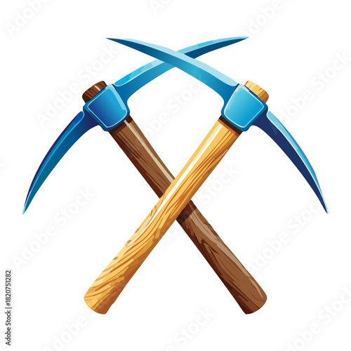 Simplified Pickaxe Tool with Metal Head and Long Brown Wooden Handle for Construction Digging