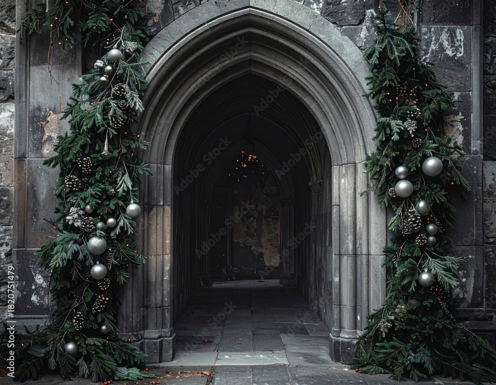 Fototapeta premium Beautifully Decorated Archway in a Historic Stone Building During the Holiday Season