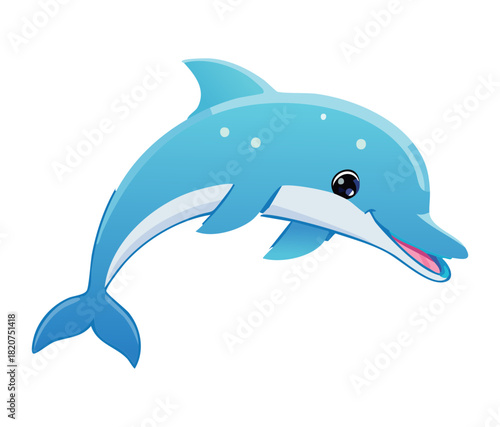 Smiling blue dolphin character leaping with mouth open and cheerful eyes for marine park and aquarium promotional material