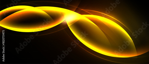 Bright golden shapes overlap, creating luminous abstract design. Dark background emphasizes glowing curves, radiating energy.
