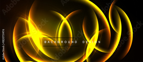 Abstract golden neon lights form swirling shapes. Dark background emphasizes bright luminosity, creating dynamic visual effect.