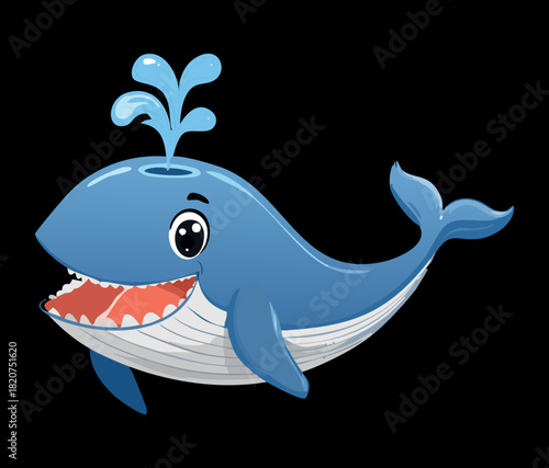 Happy Blue Whale Spouting Water From Blowhole Fun Marine Animal Character For Nautical Theme Illustration