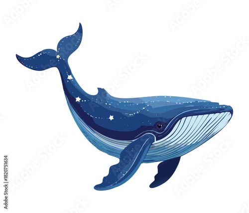 Large Blue Whale Animal Floating In Deep Sea Water Decorated With Shiny Celestial Star Patterns