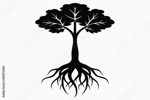 Solitary black tree with extended roots and branches stands centered against a blank backdrop