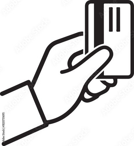 Hand holding credit card vector line art illustration representing secure cashless payment method and financial transaction icon
