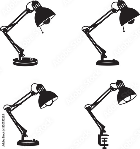 Set of black desk lamps icons illustrating different mounting options for office lighting design elements isolated on transparent background